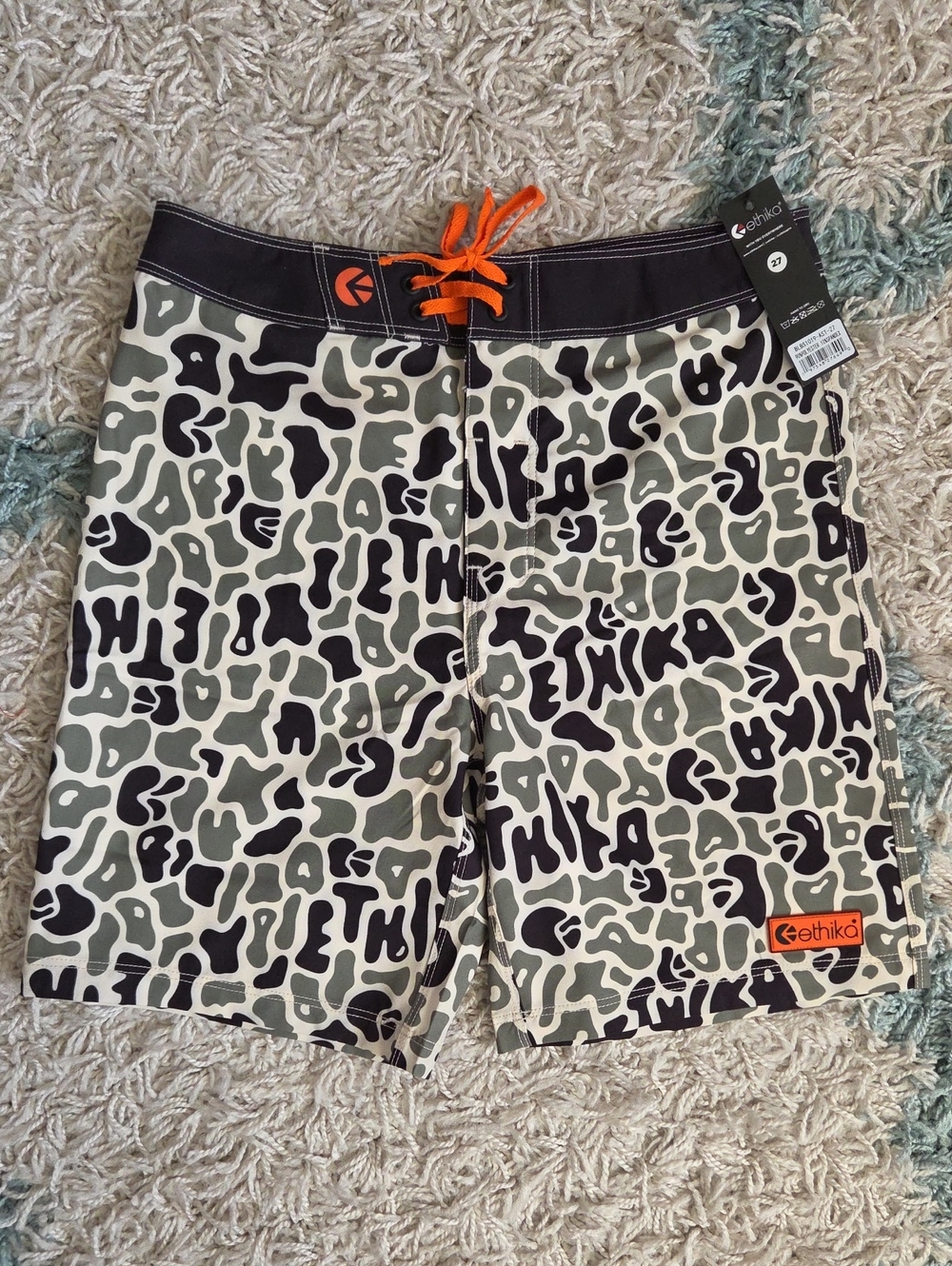 NWT Ethika Green and Black Camo Swim Shorts with Orange Accents Board Shorts